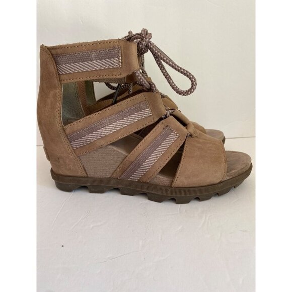 Sorel Joanie ll Lace Webbing Ash Brown Open Toe Cut Out Wedge Heel Sandal 8 - Picture 3 of 7